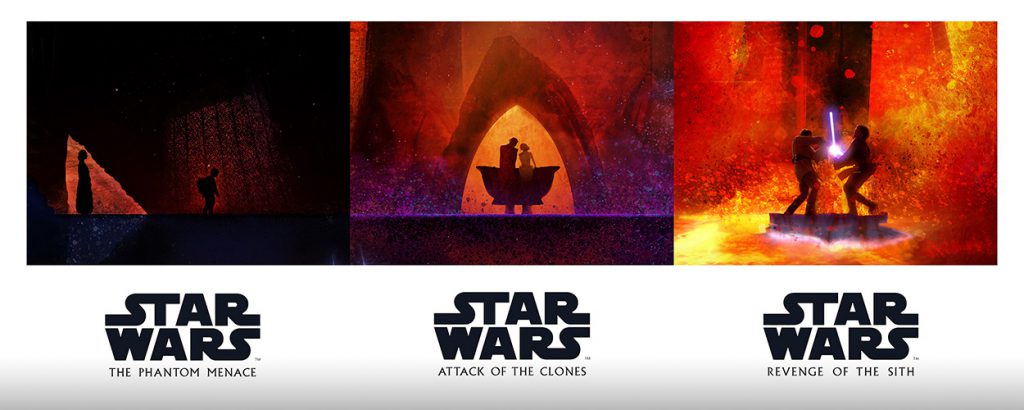 Az előzménytrilógiás poszterek alsó részei, amelyek Anakin Skywalker történetét mutatják be a Baljós árnyaktól A klónok támadásán át A Sith-ek bosszújáig.
