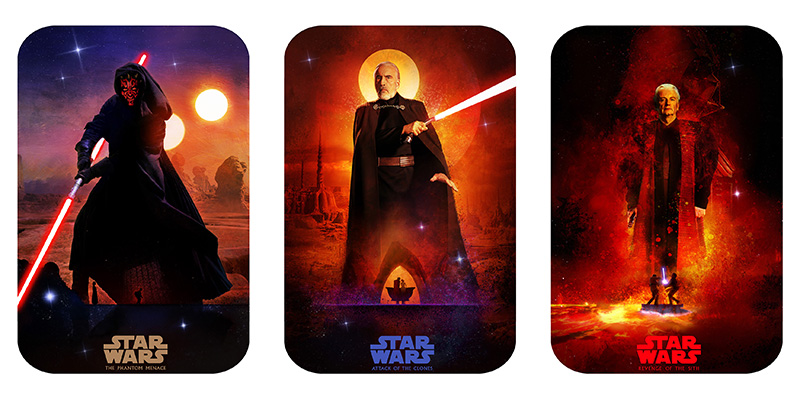 Simon Zoltán hivatalos Star Wars művész limitált szériás poszterei: Baljós árnyak, A klónok támadása, A Sith-ek bosszúja.
